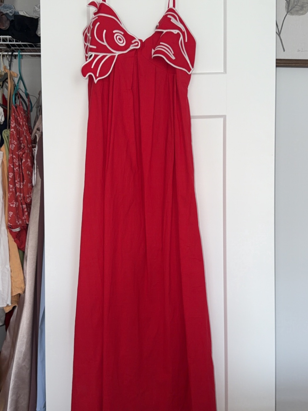 Red Spaghetti Strap Maxi Dress with Embroidered Bodice - Picture 2 of 5